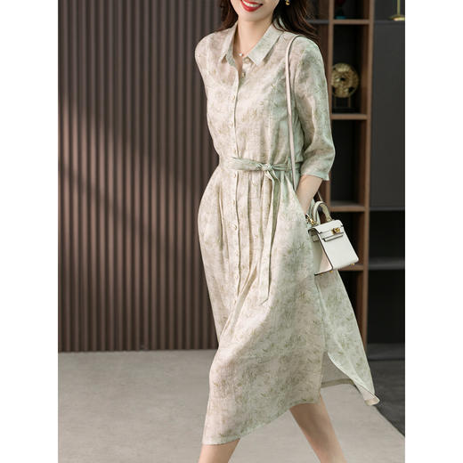 85781原形新中式印花苎麻连衣裙女长款裙子2024春夏季新款韩版衬衫裙 商品图2