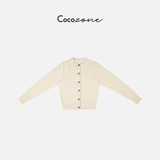 COCO ZONE100％羊毛圆领麻花纹单排扣针织开衫23C30578 商品图0