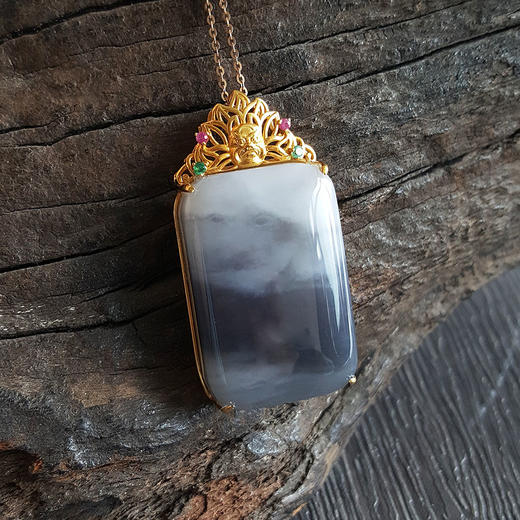 【天然正品】AU750黄金镶天然烟青平安无事牌和田玉（吉祥、如意）吊坠项链170624XY12 商品图4