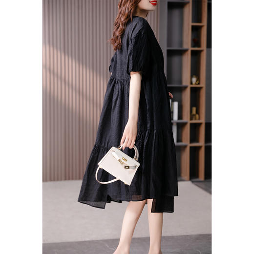 89153原形法式收腰不对称连衣裙女2024春夏季新款花苞袖V领显瘦长裙子 商品图4