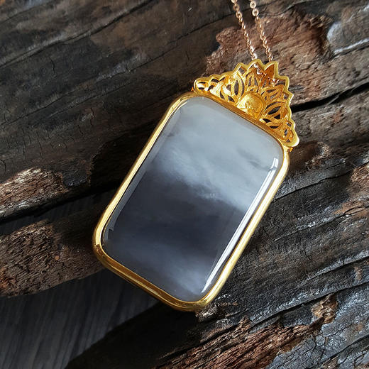 【天然正品】AU750黄金镶天然烟青平安无事牌和田玉（吉祥、如意）吊坠项链170624XY12 商品图3