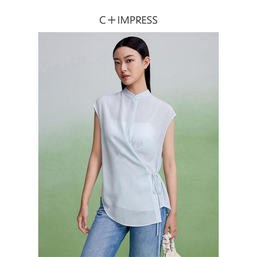 西嘉CS2402065C+IMPRESS/西嘉肌理感醋酸衬衫女夏围裹式小飞袖绑带立领气质上衣 商品图3