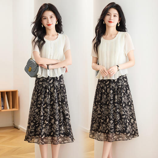 拼结假两件雪纺裙，时尚中长款印花裙百褶连衣裙QYM-TB-FD1653-Y 商品图4