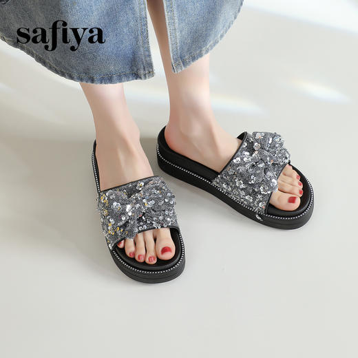 Safiya/索菲娅2024新款春夏气质珍珠蝴蝶结平底休闲外穿拖鞋SF42110M07 商品图3