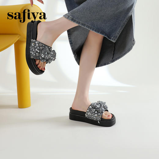 Safiya/索菲娅2024新款春夏气质珍珠蝴蝶结平底休闲外穿拖鞋SF42110M07 商品图5