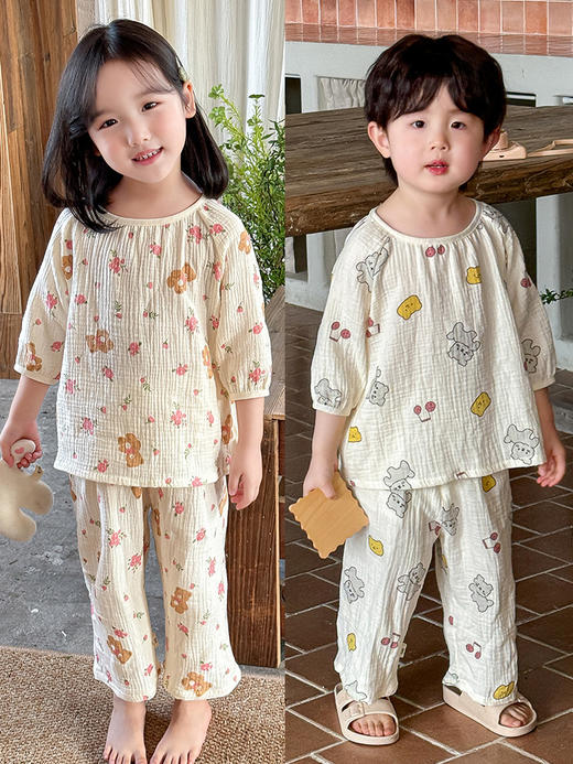 【A类儿童纱布睡衣套装】儿童睡衣a类夏天纯棉纱布家居服套装，吸汗透气舒适柔软，可爱薄款女童男孩宝宝空调服睡衣家居服QQ 商品图5