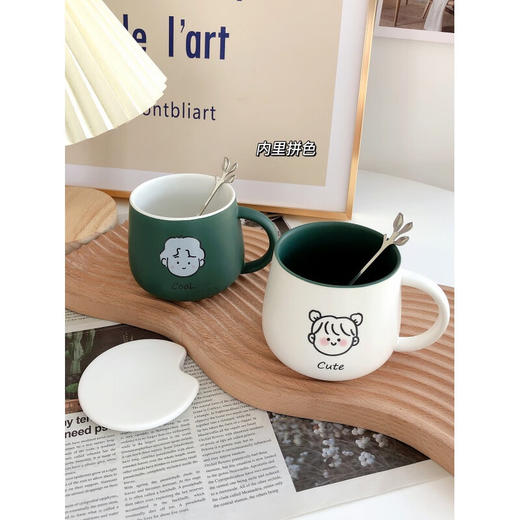情侣杯子一对杯女生带盖勺水杯陶瓷高颜值可爱咖啡杯家用早餐 白savcy+黄smart(勺子) 商品图5