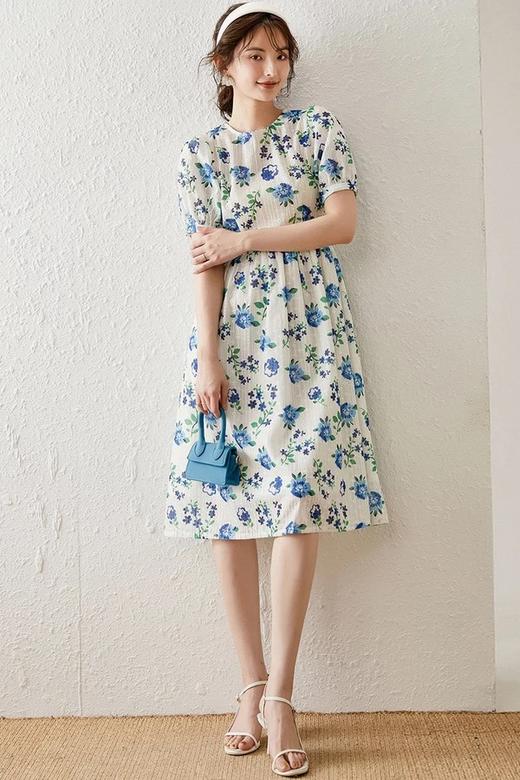 LOUIS YAO/白鹿语 大花朵泡泡袖圆领露背连衣裙 12491 商品图1