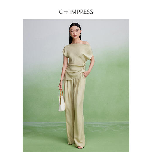 西嘉CS2402084C+IMPRESS/西嘉凉感褶皱醋酸荡领短袖上衣女夏显瘦空气神裤两件套 商品图2