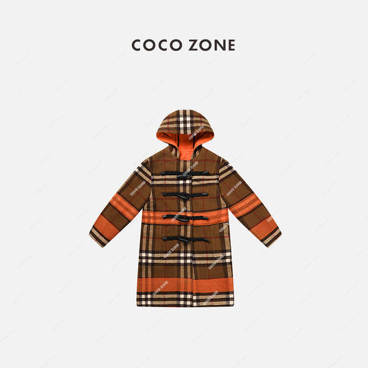 COCO ZONE 秋冬格纹连帽呢子大衣气质单排角扣毛呢外套 23C30000 商品图0