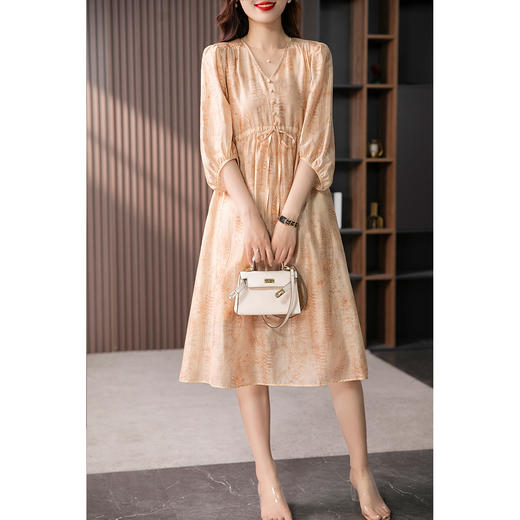 89218原形气质减龄天丝连衣裙女2024春夏季新款灯笼袖抽绳显瘦长裙子 商品图2