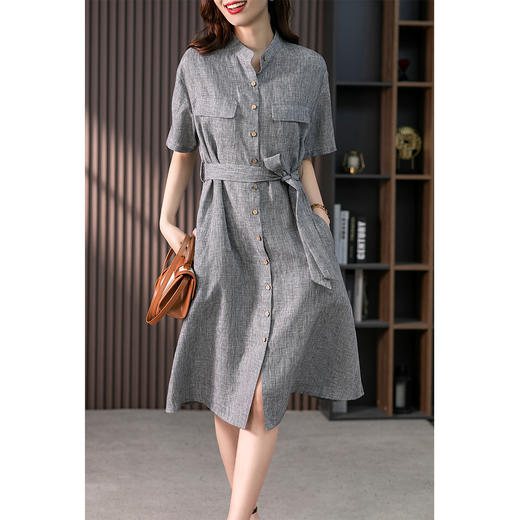 85794原形复古千鸟格亚麻衬衫裙女2024春夏季新款韩版设计感小众连衣裙 商品图2