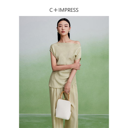 西嘉CS2402084C+IMPRESS/西嘉凉感褶皱醋酸荡领短袖上衣女夏显瘦空气神裤两件套 商品图1