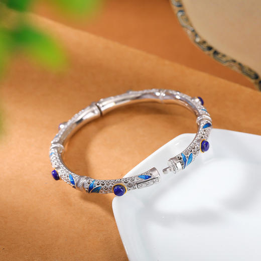 S925纯银镀金青金石珐琅竹节竹叶镂空圆珠手镯手环ＣＷ 商品图2