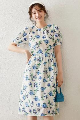 LOUIS YAO/白鹿语 大花朵泡泡袖圆领露背连衣裙 12491