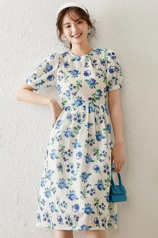 LOUIS YAO/白鹿语 大花朵泡泡袖圆领露背连衣裙 12491 商品图0