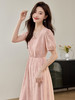 【专属特价】熙世界新中式暗纹提花连衣裙2025年夏季泡泡袖国风盘扣V领裙子 商品缩略图2