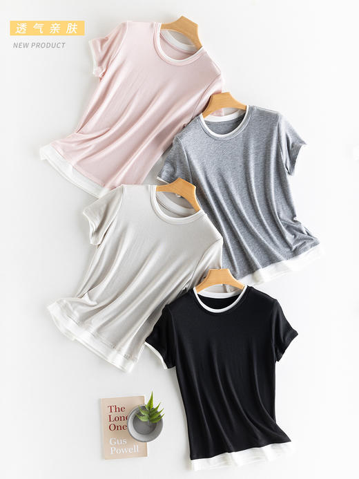 新款兰精天丝打底衫女假两件圆领短袖上衣夏季修身百搭显瘦t恤_ym 商品图3