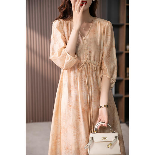 89218原形气质减龄天丝连衣裙女2024春夏季新款灯笼袖抽绳显瘦长裙子 商品图0