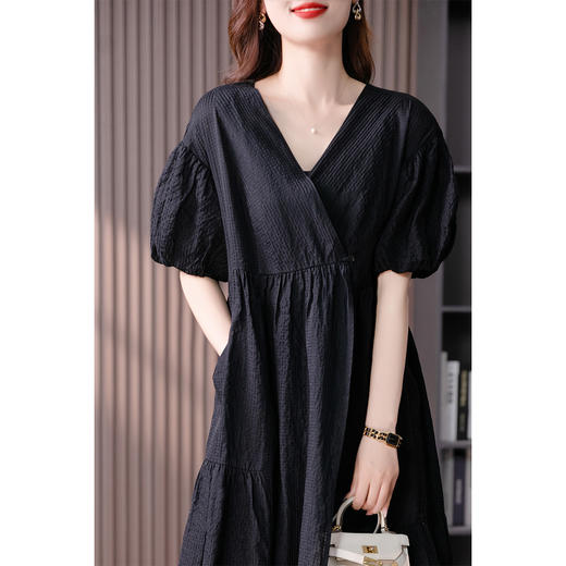 89153原形法式收腰不对称连衣裙女2024春夏季新款花苞袖V领显瘦长裙子 商品图2