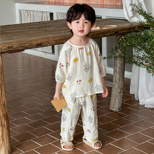【A类儿童纱布睡衣套装】儿童睡衣a类夏天纯棉纱布家居服套装，吸汗透气舒适柔软，可爱薄款女童男孩宝宝空调服睡衣家居服QQ 商品图1