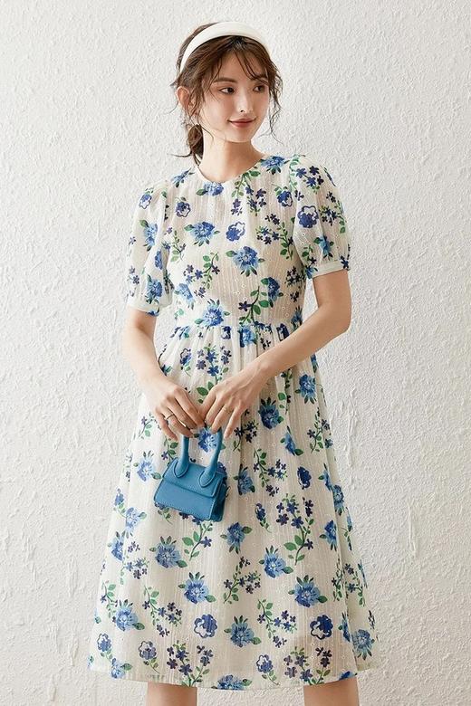 LOUIS YAO/白鹿语 大花朵泡泡袖圆领露背连衣裙 12491 商品图5