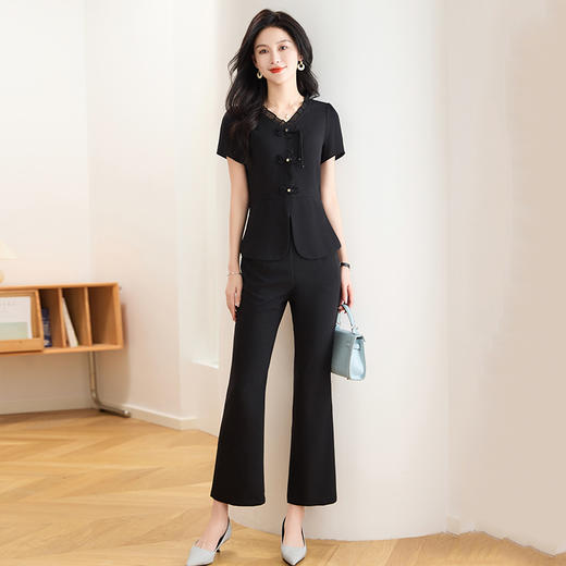 时尚气质套装，短袖收腰小衫+喇叭裤职业两件套QYM-TB-FD1596-Y 商品图2
