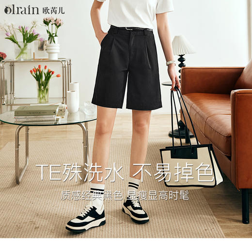 OLrain欧芮儿法式玫红色休闲裤女夏季2023新款高腰直筒阔腿五分裤 商品图4