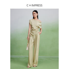 西嘉CS2402084C+IMPRESS/西嘉凉感褶皱醋酸荡领短袖上衣女夏显瘦空气神裤两件套