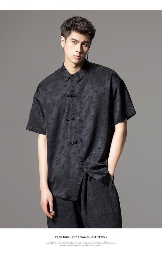 PINLI品立夏季新款新中式盘扣短袖衬衫男提花宽松中国风衬衣B242113084 商品图2