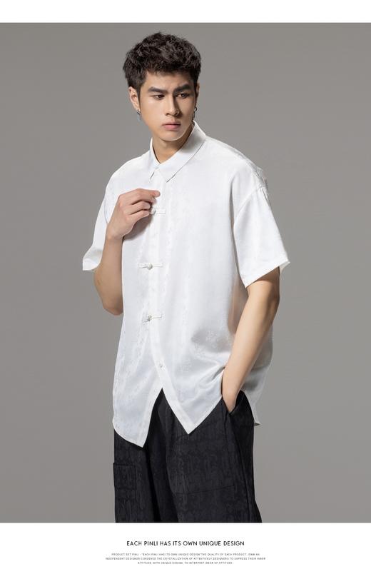 PINLI品立夏季新款新中式盘扣短袖衬衫男提花宽松中国风衬衣B242113084 商品图6