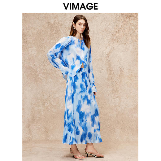 VIMAGE纬漫纪秋季新款高腰晕染印花半身裙V2206801 商品图1