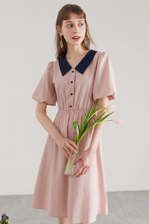 Y.SING衣香丽影 撞色领格子泡泡袖连衣裙 12469 商品图1