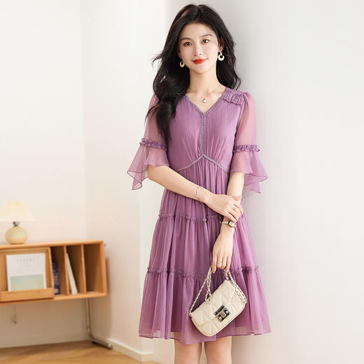 喇叭袖短袖连衣裙，气质V领木耳边拼结中长款A字裙QYM-TB-40110-1-Y 商品图2