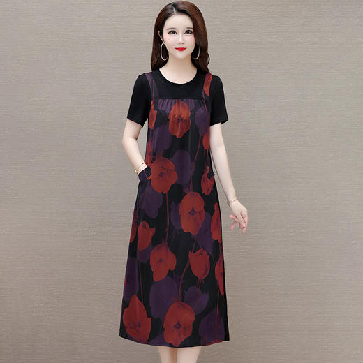 洋气印花中长款，拼结宽松休闲裙QYM- LRX-MJE8846-Y 商品图1