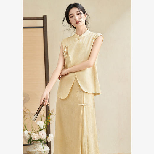 新中式国风古朴淡雅肌理套装女夏季立领马甲搭半裙两件套V2241886 商品图3