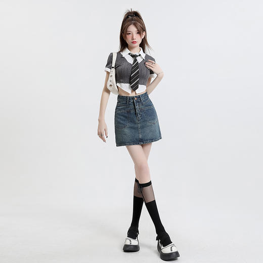 LR分割口袋设计感高腰A字牛仔裙 商品图1