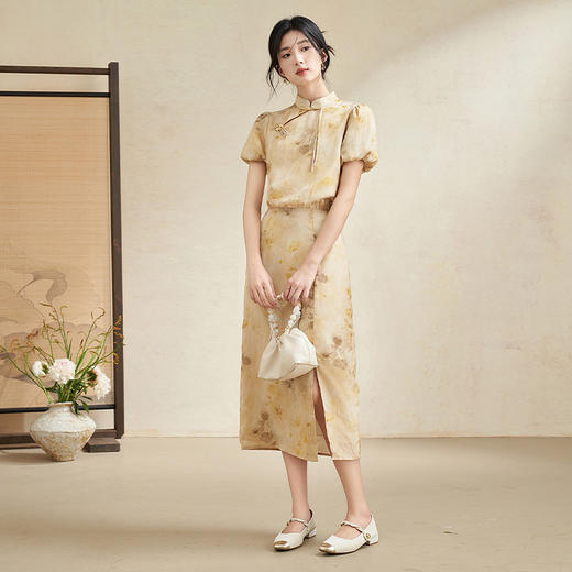 西遇新中式印花短袖连衣裙女夏季新款时尚显瘦优雅文艺长裙子D2241888 商品图1