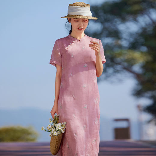 苎麻刺绣改良旗袍，文艺短袖国风复古连衣裙YM-S440 商品图1