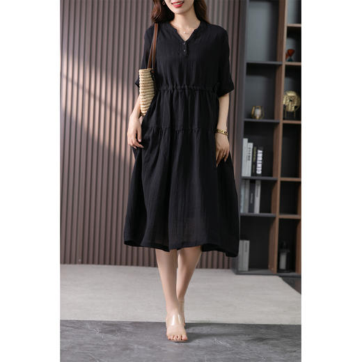 85856原形设计感苎麻V领连衣裙女夏2024新款韩版宽松高腰长裙子高级感 商品图3