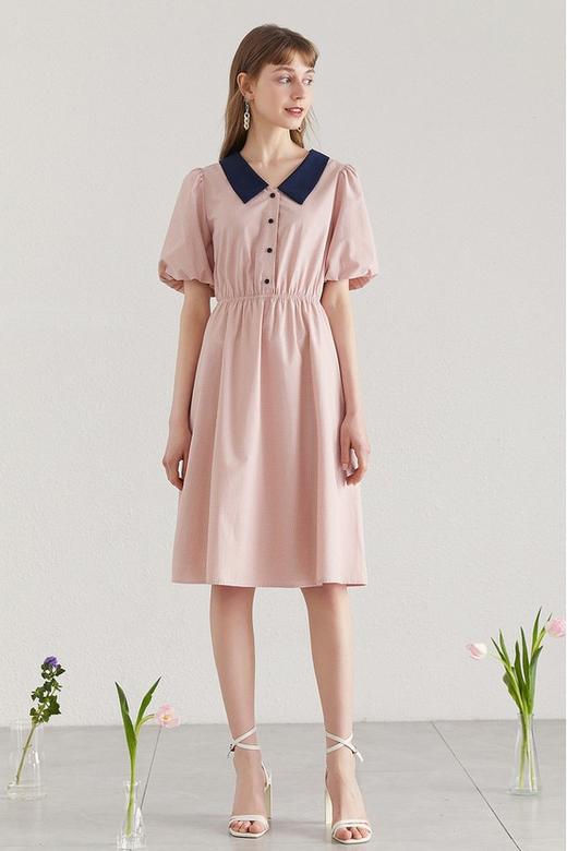 Y.SING衣香丽影 撞色领格子泡泡袖连衣裙 12469 商品图0