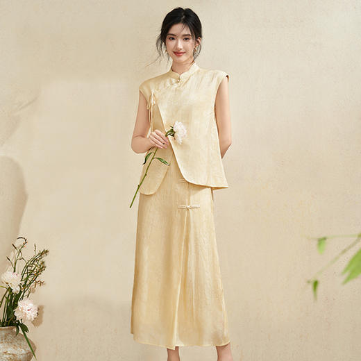 新中式国风古朴淡雅肌理套装女夏季立领马甲搭半裙两件套V2241886 商品图0