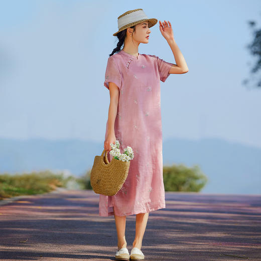 苎麻刺绣改良旗袍，文艺短袖国风复古连衣裙YM-S440 商品图2
