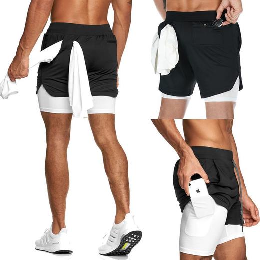 【可以挂毛巾的马拉松短裤！】秒干双层短裤！可插手机！可挂毛巾！多功能马拉松运动健身短裤! 夏季男运动短裤速干假两件健身裤子锻炼户外休闲裤五分裤-LC24AA01 商品图2
