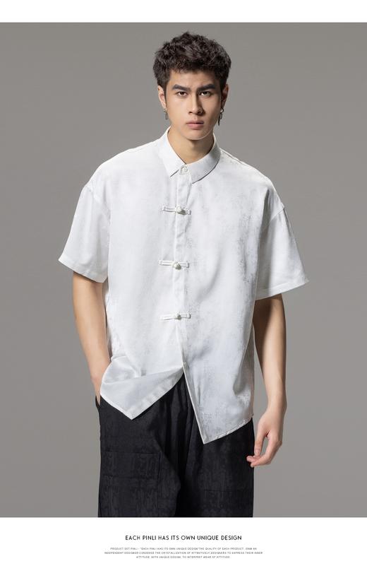 PINLI品立夏季新款新中式盘扣短袖衬衫男提花宽松中国风衬衣B242113084 商品图8