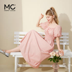 mc2方领双蝴蝶结装饰长款连衣裙女装2024夏季新款甜美减龄风粉色