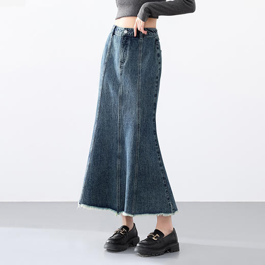 港风复古学院风牛仔半裙女高腰A摆伞裙鱼尾裙半身裙V2541968 商品图0