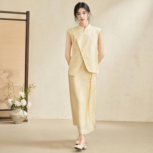 新中式国风古朴淡雅肌理套装女夏季立领马甲搭半裙两件套V2241886 商品图1