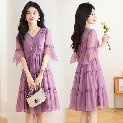 喇叭袖短袖连衣裙，气质V领木耳边拼结中长款A字裙QYM-TB-40110-1-Y 商品图4