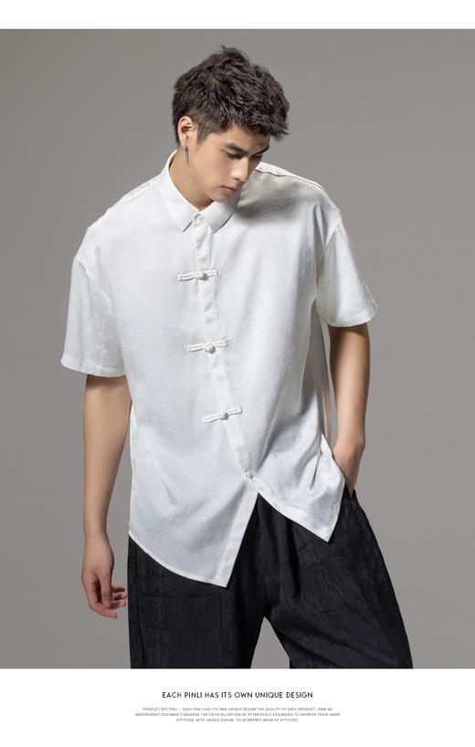 PINLI品立夏季新款新中式盘扣短袖衬衫男提花宽松中国风衬衣B242113084 商品图7